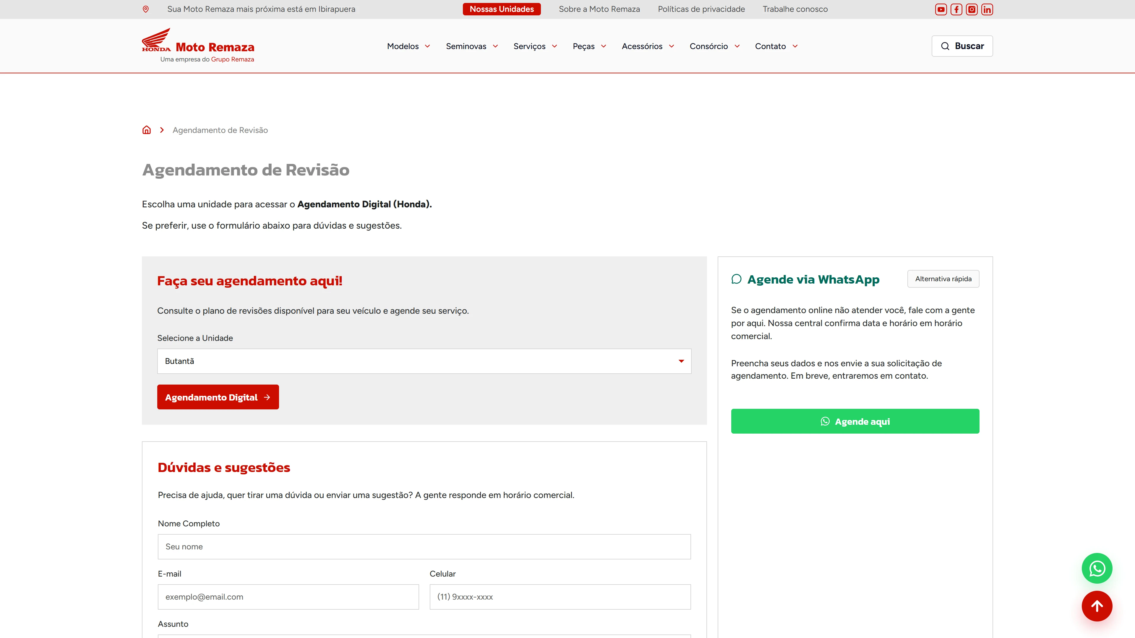 Agendamento de serviços e revisão no site Moto Remaza